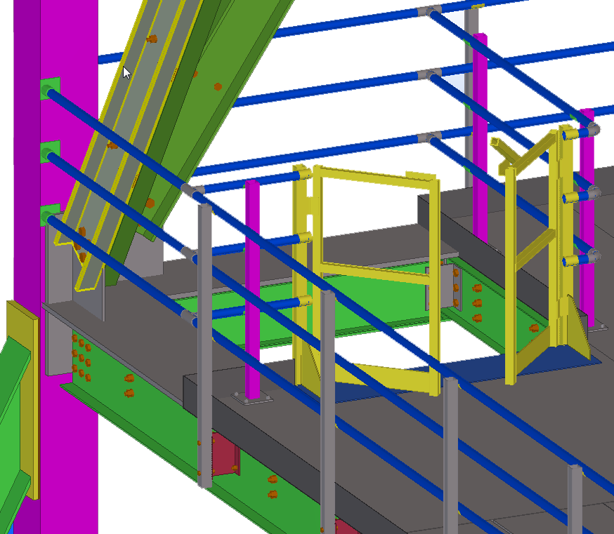 A 3D model of a steel structure with various colored beams, railings, and a safety gate.