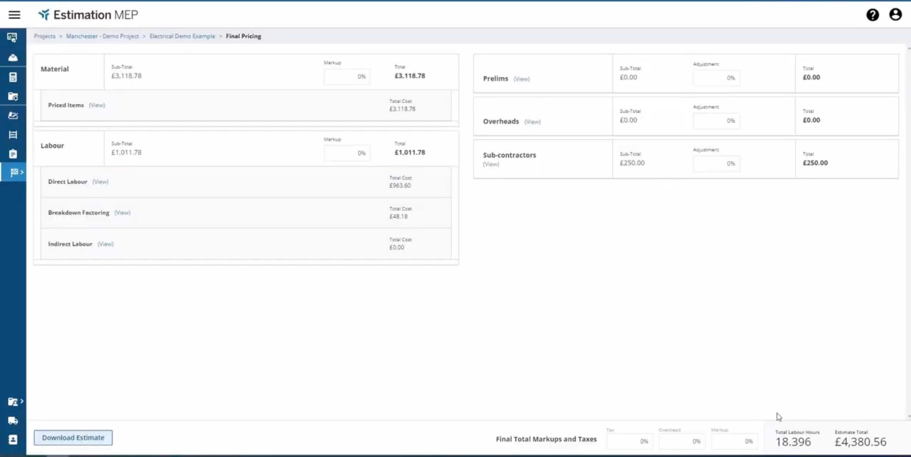 Screenshot of an estimation software showing material, labor, and subcontractor costs.