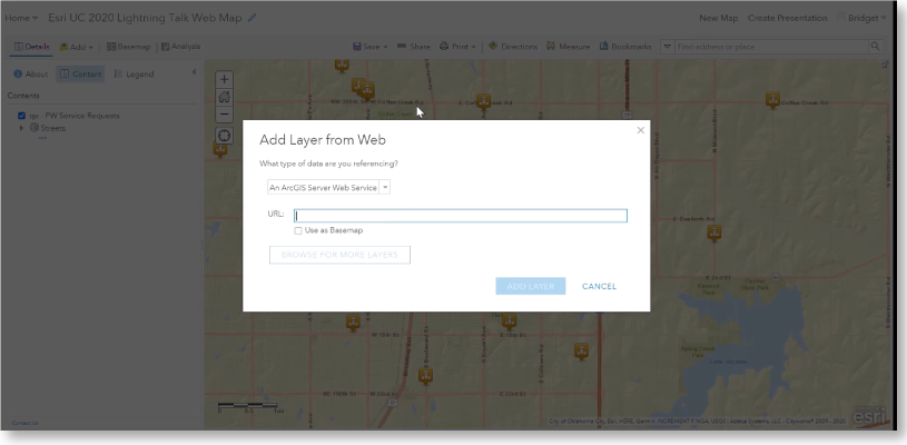 Add layer from web dialog box with URL field and Add Layer button.