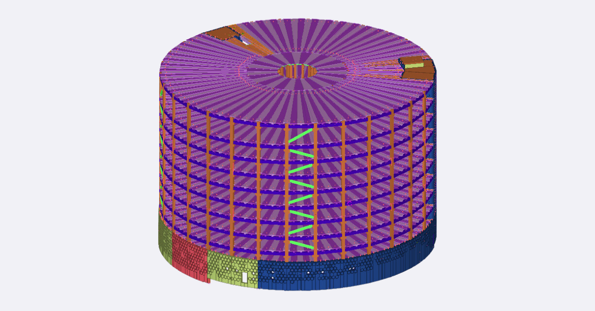 Tekla 3D model of a circular structure with multiple levels, showing internal supports and bracing.