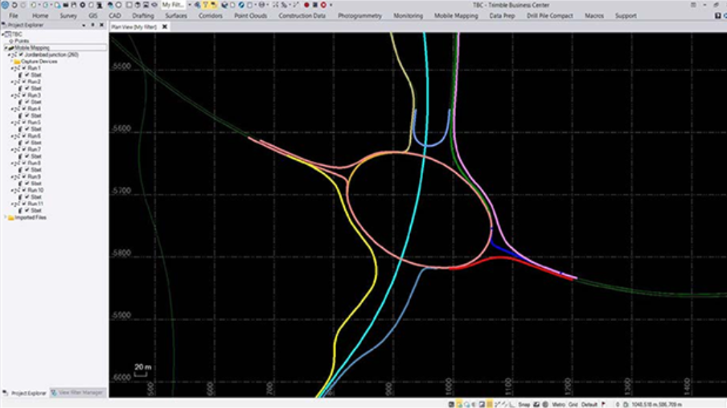 Trimble Business Center screenshot shows a highway cloverleaf with road segments in different colors to indicate degrees of damage.