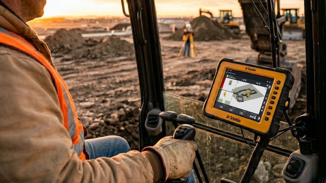 Construction worker in an excavator cab using a Trimble grade control display at a job site during sunset.