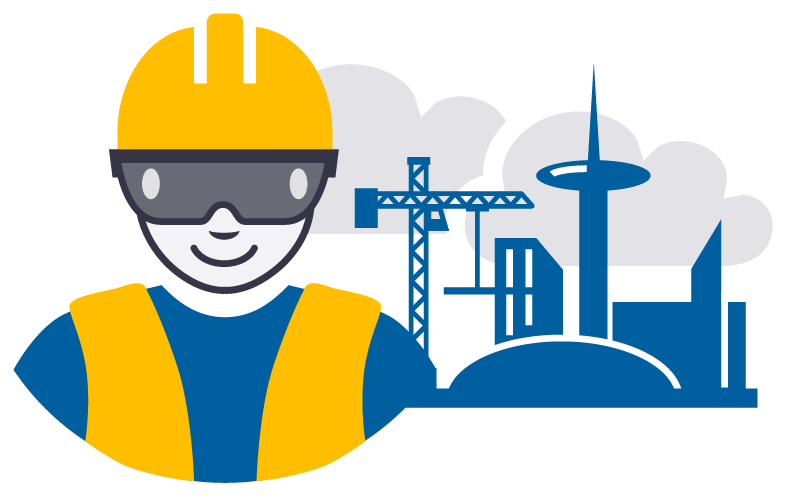 Illustration of a construction worker in a yellow hard hat and safety vest, with a city skyline and crane in the background.