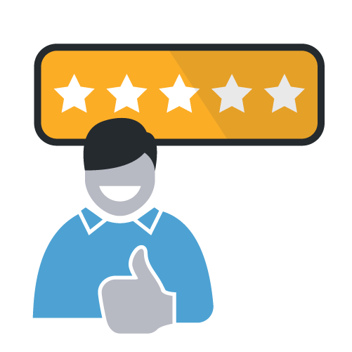 A stylized illustration of a person with a thumbs-up gesture and a five-star rating above their head.