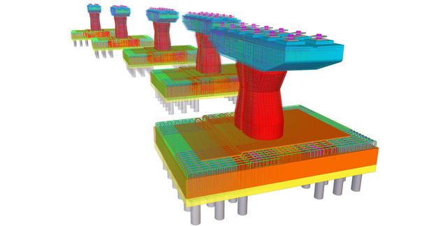 3D model of a bridge foundation with piles, showing layers of rebar and concrete in vibrant colors.