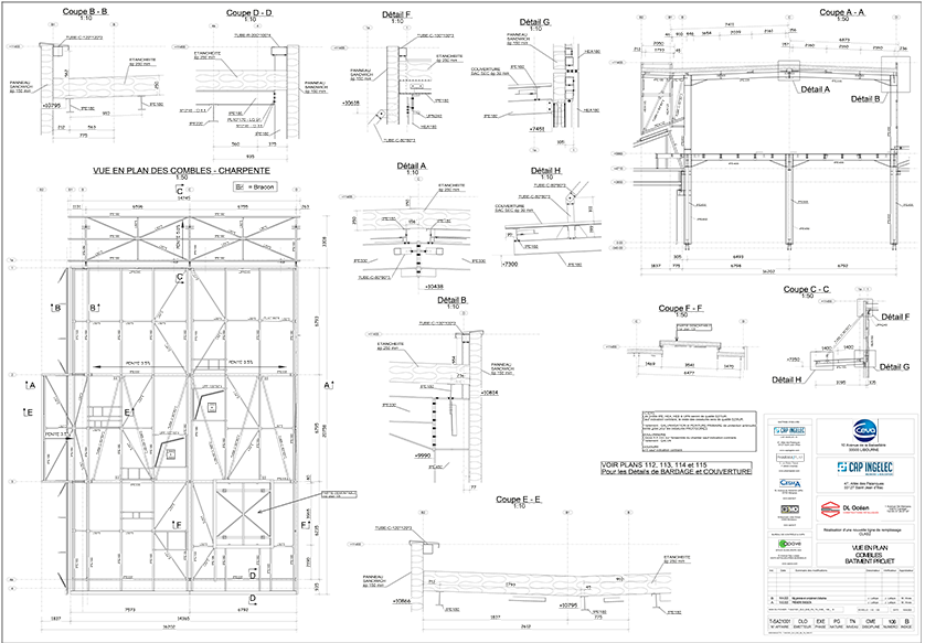 Architectural blueprints showing a plan and various cross-sections and details of a building's roof structure.