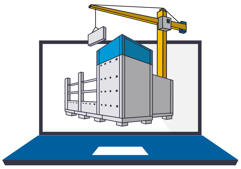 Illustration of a laptop displaying a 3D model of a building under construction with a crane.