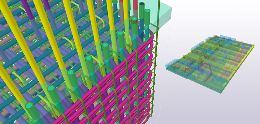 3d BIM model of Hinkley Point C showing large of complex rebar with a close-up of rebar to the left