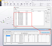 Screenshot of a software interface showing data tables and a 3D model, with a red box highlighting a section of data.