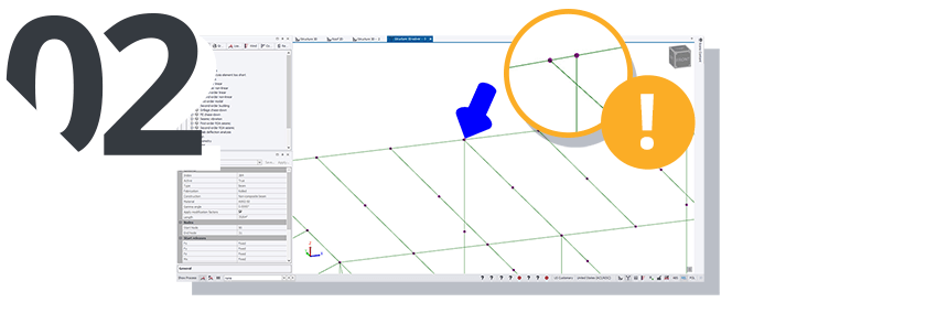 Screenshot of a 3D model with a blue arrow pointing to a node in a structural analysis.