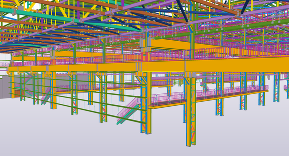 3D rendering of a steel building structure with yellow, purple, blue, and green beams and supports.