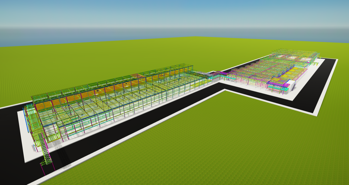3D model of a factory with a paint shop, weld shop, and press shop.