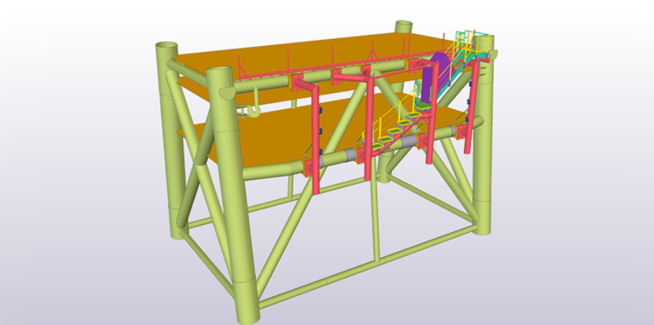 3D model of a two-story offshore platform with stairs and piping.