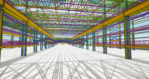 3D model of a press shop interior with multi-colored steel beams, walkways, and a staircase.
