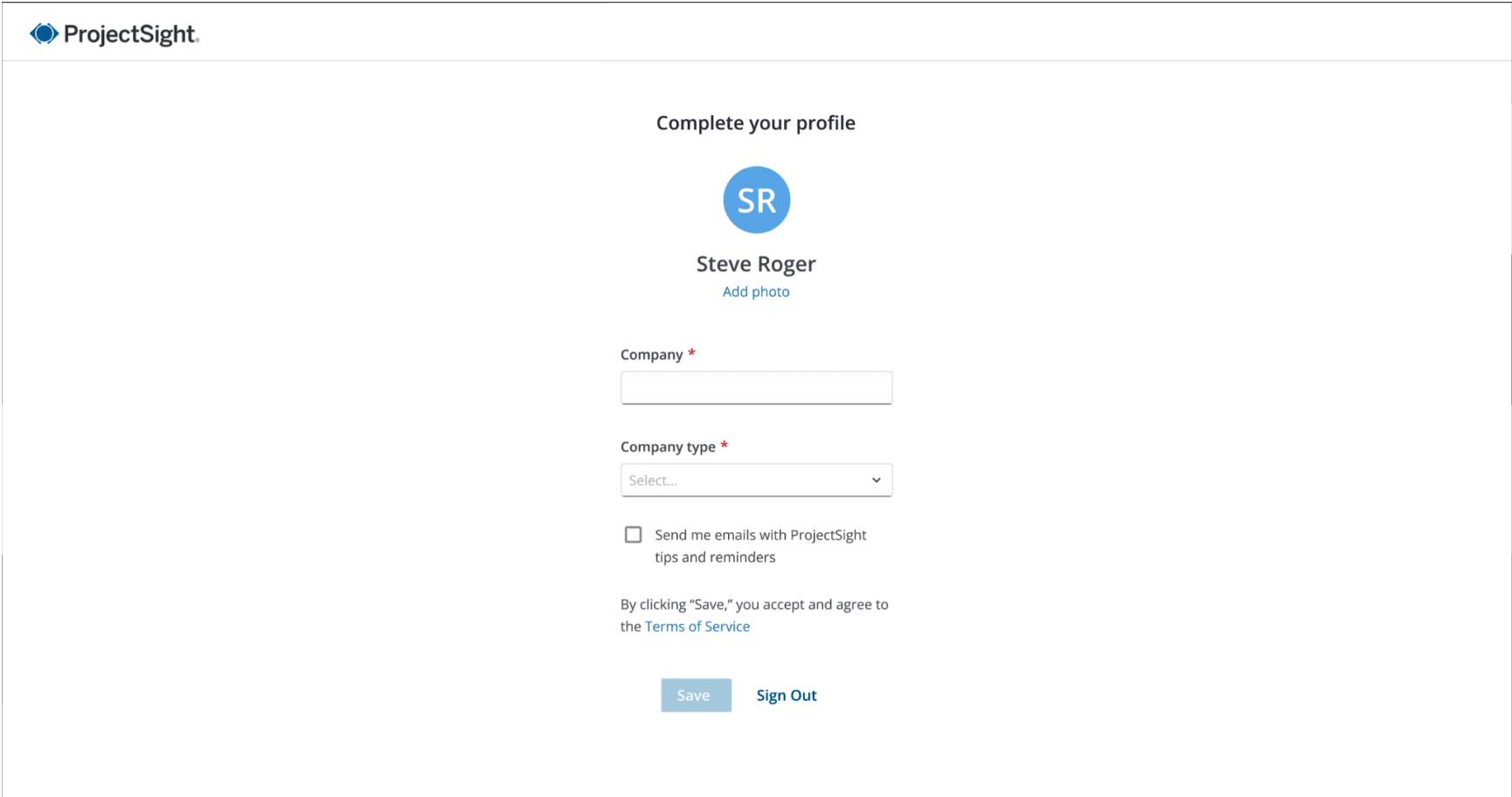 ProjectSight: Complete your profile screen with fields for company and company type.