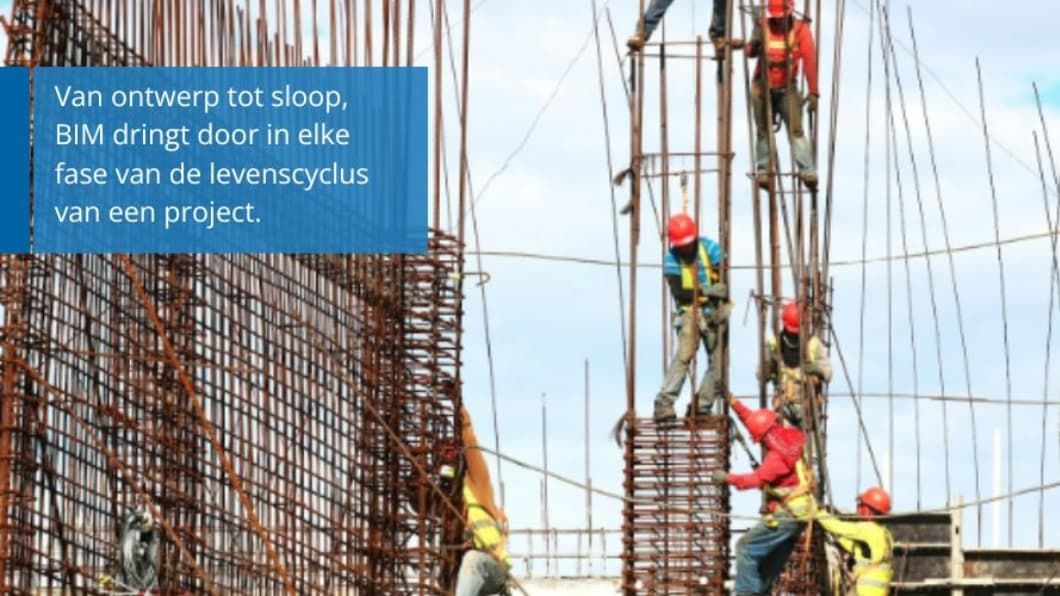 Workers in hard hats assemble rebar framework. Overlay text explains BIM's impact across a project's lifecycle.