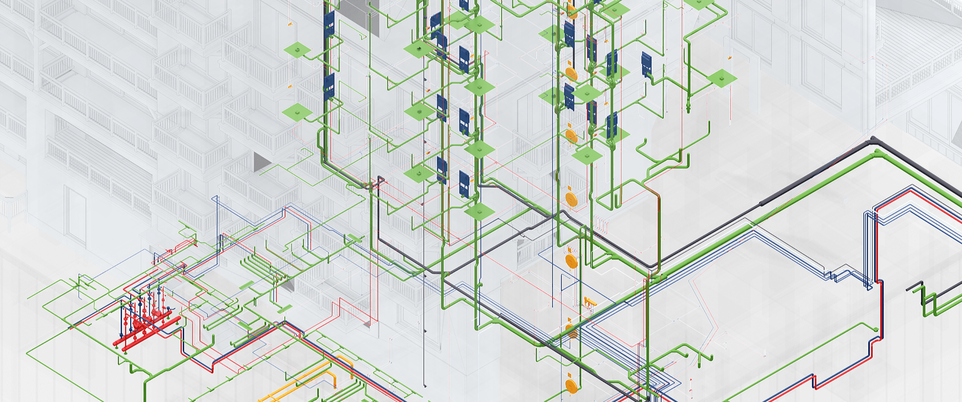 3D isometric view of a complex building services design, showing pipes, ducts, and equipment.