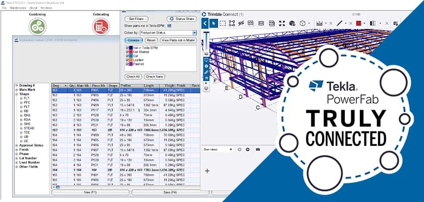 Captura de pantalla de Tekla EPM que muestra el estado de producción en Trimble Connect