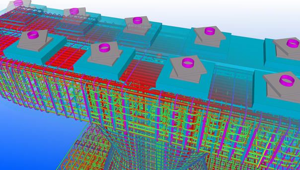 3D BIM model showing rebar and anchor bolt details for a bridge pier.