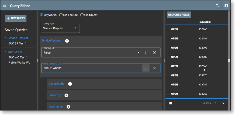 Query Editor interface showing query fields for Service Request and Public Works.