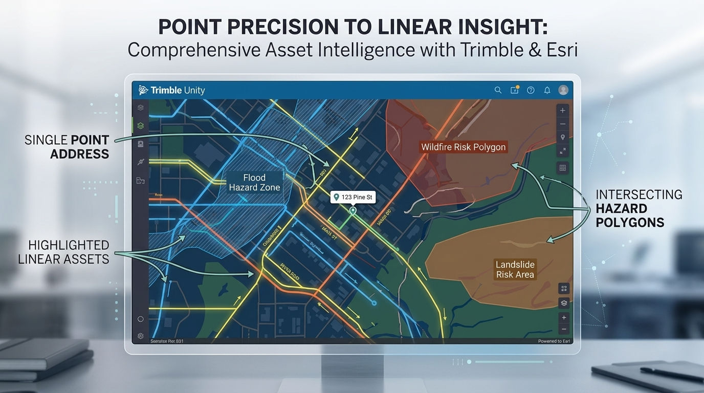 A Trimble Unity map interface showing hazard zones, linear assets and risk polygons for comprehensive asset intelligence.