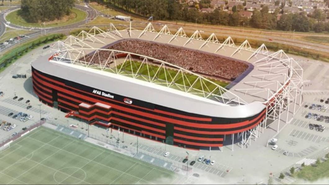 A rendering of the AFAS Stadion, a modern football stadium with red and black striped exterior and a white roof supported by triangular white beams.