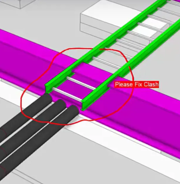 3D rendering of a clash detection in BIM, showing a green ladder rack intersecting a purple beam and three black pipes.