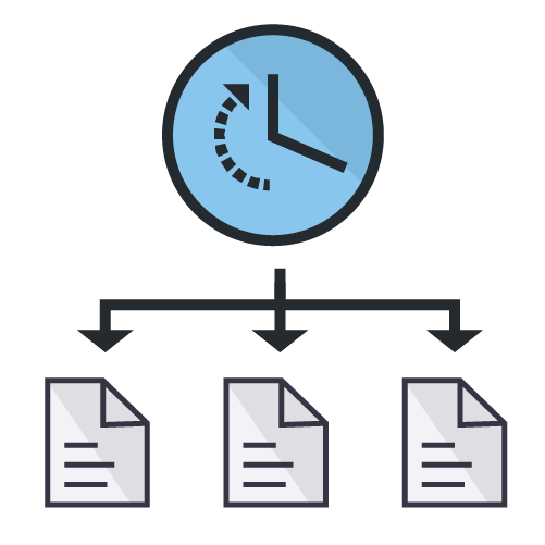 Icon of a clock with a dotted arrow indicating time, connected to three document icons.