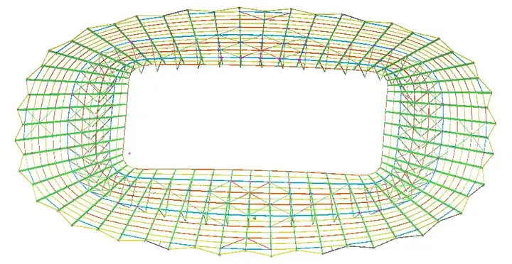 A wireframe rendering of a stadium roof structure.