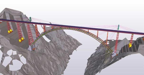 A 3D model rendering of the Chenab Bridge, showing its design over a mountainous terrain.