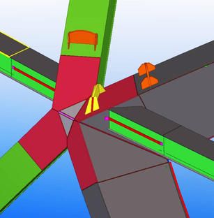 Close-up view of a structural engineering model showing the connection points of steel beams in a star-shaped pattern.