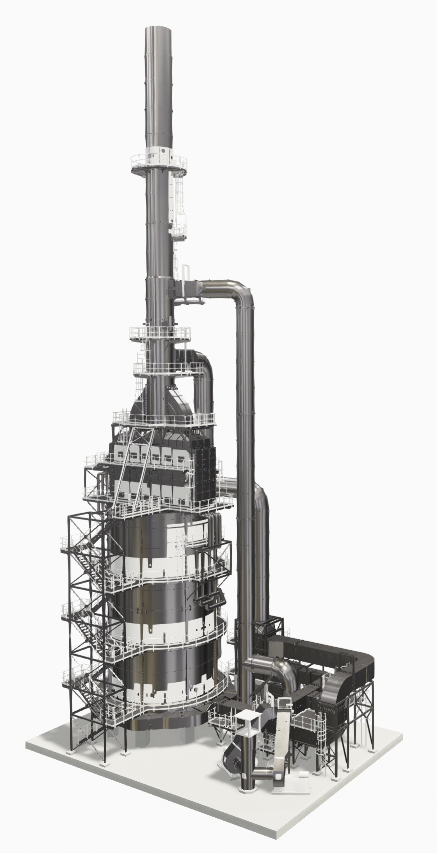 A rendering of a large, metallic industrial tower with scaffolding and interconnected pipes on a white background.