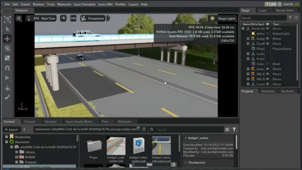 NVIDIA Omniverse interface displaying a 3D simulation of a car driving over a bridge using OpenUSD files.