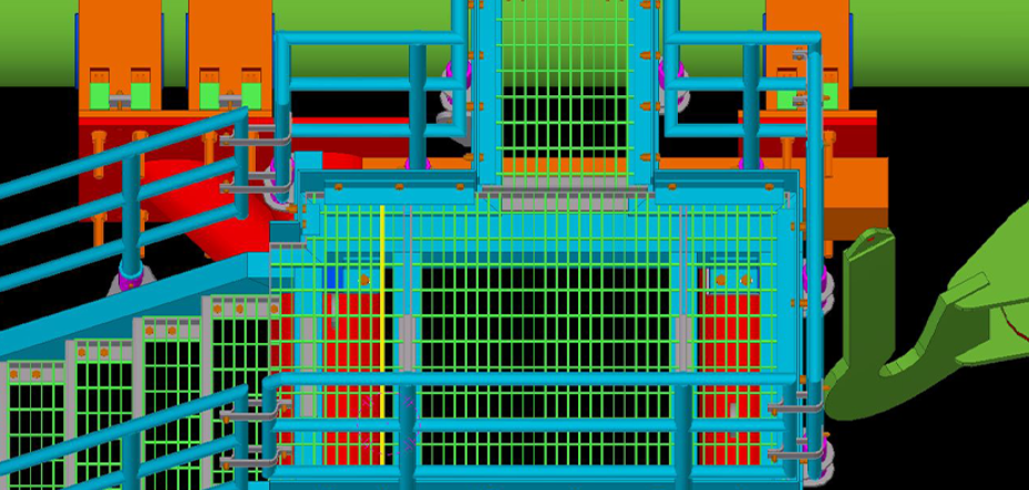 3D model of a blue metal cage structure with green grids and red components inside.