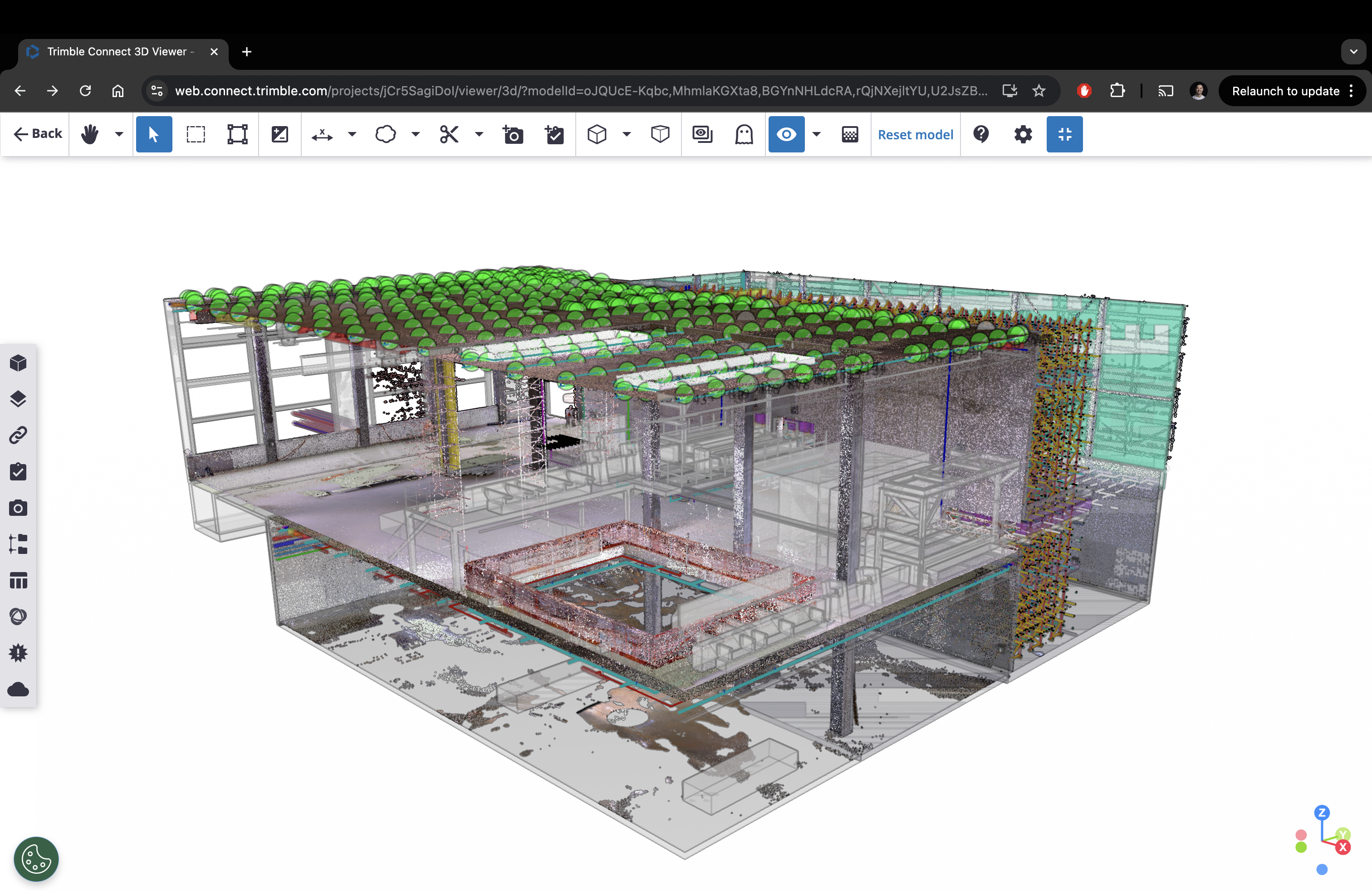 3D model of a building interior showing construction progress with point clouds and structural elements.