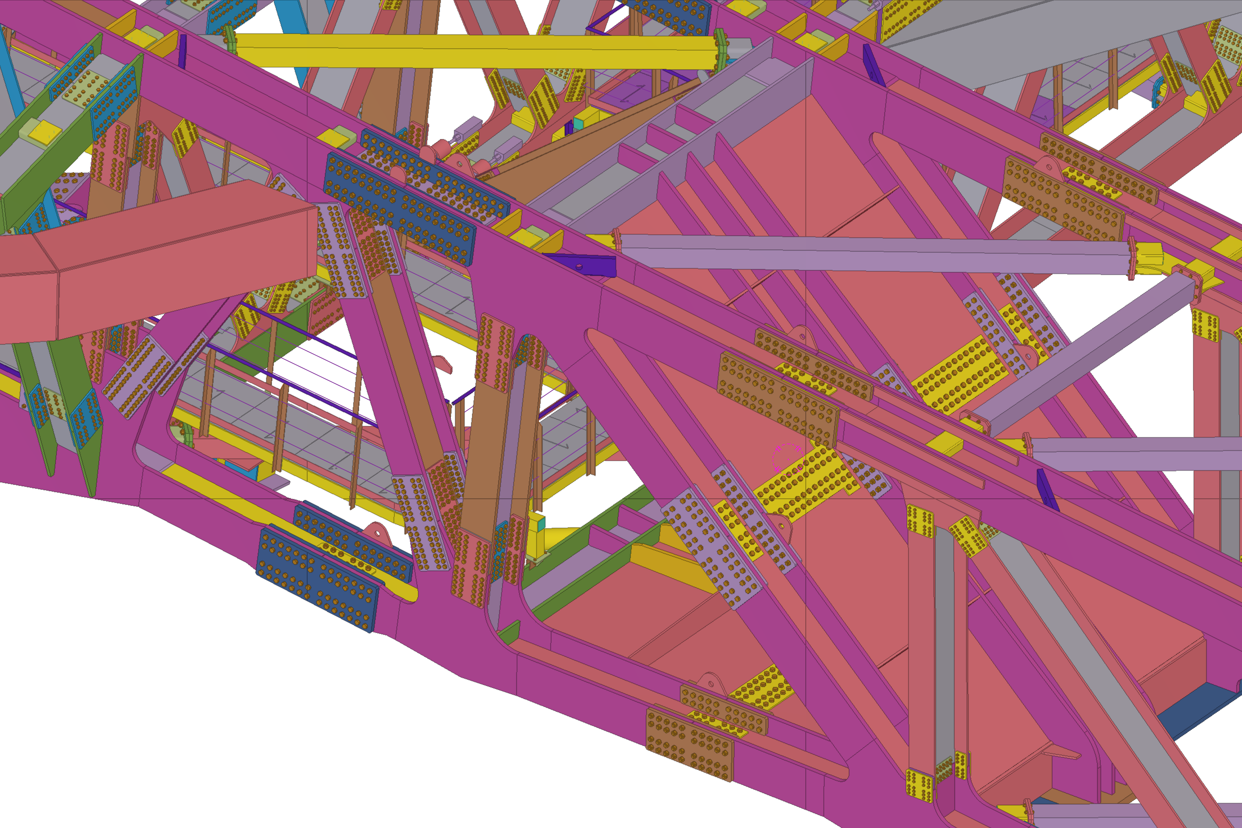 Tekla 3D rendering of a complex steel structure with various colored beams, bolted connections, and diagonal bracing.