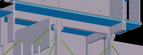 3D rendering of a concrete structure with beams and supporting elements.