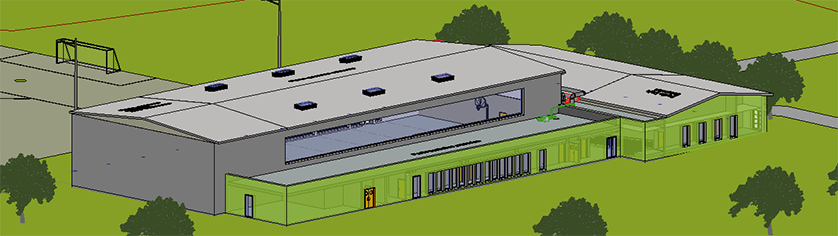 3D model of a modern sports facility with a large, rectangular main building and a smaller, adjacent wing.