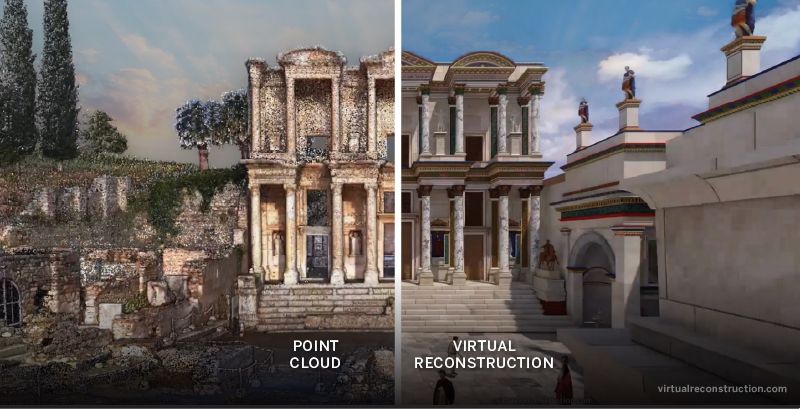 Side-by-side comparison of the Library of Celsus, with a point cloud scan of the ruins on the left and a virtual reconstruction on the right.