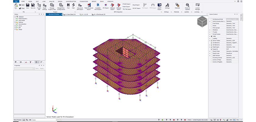 3D Tekla Structural Designer Solver view, the model shows purple Solver nodes covering precast slabs