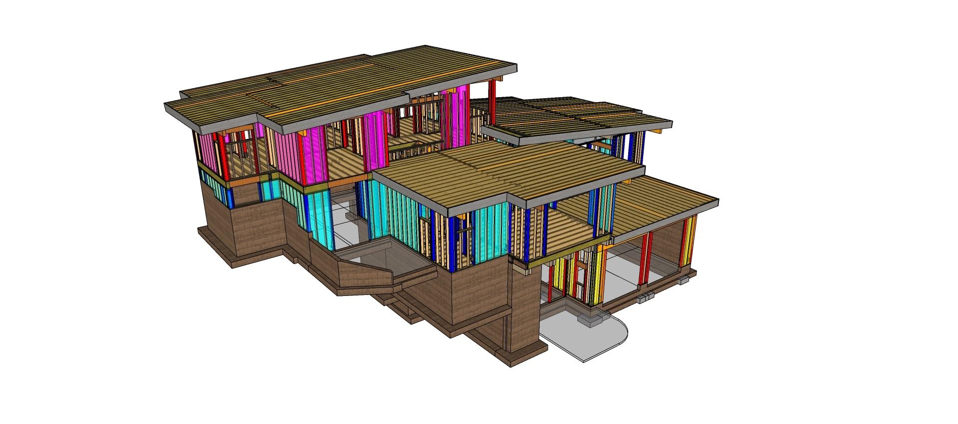 Screenshot des Architekturmodells mit allen vorhandenen Strukturkomponenten in SketchUp