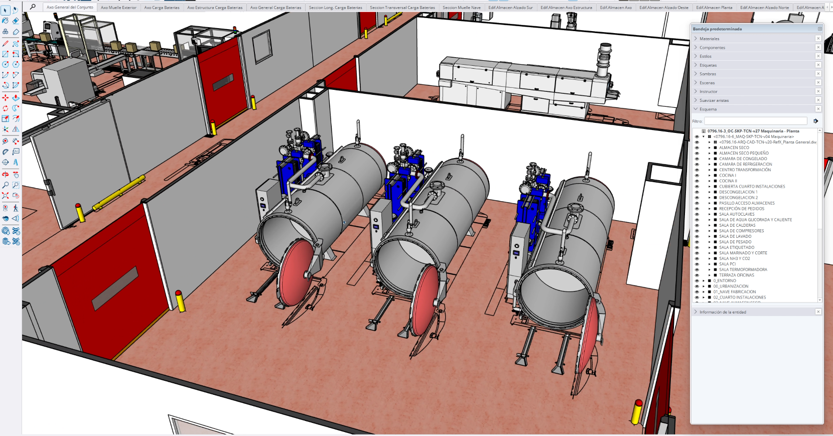 SketchUp 3D model of machinery in the production plant showing three large cylinders.