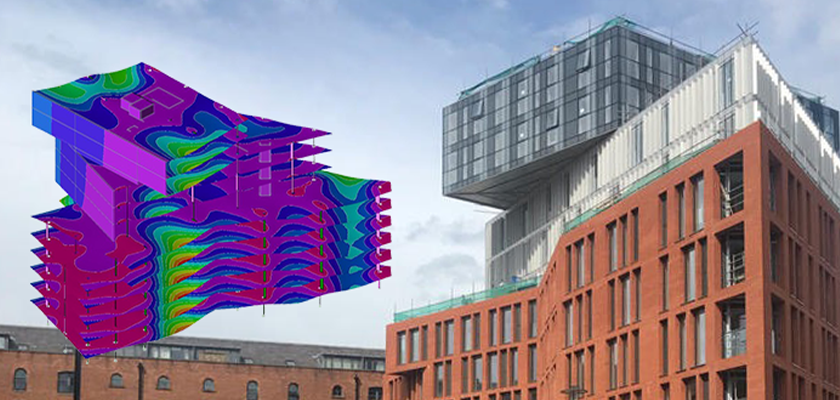 Analysis model and render of Burlington House, a uniquely twisting three-tiered building