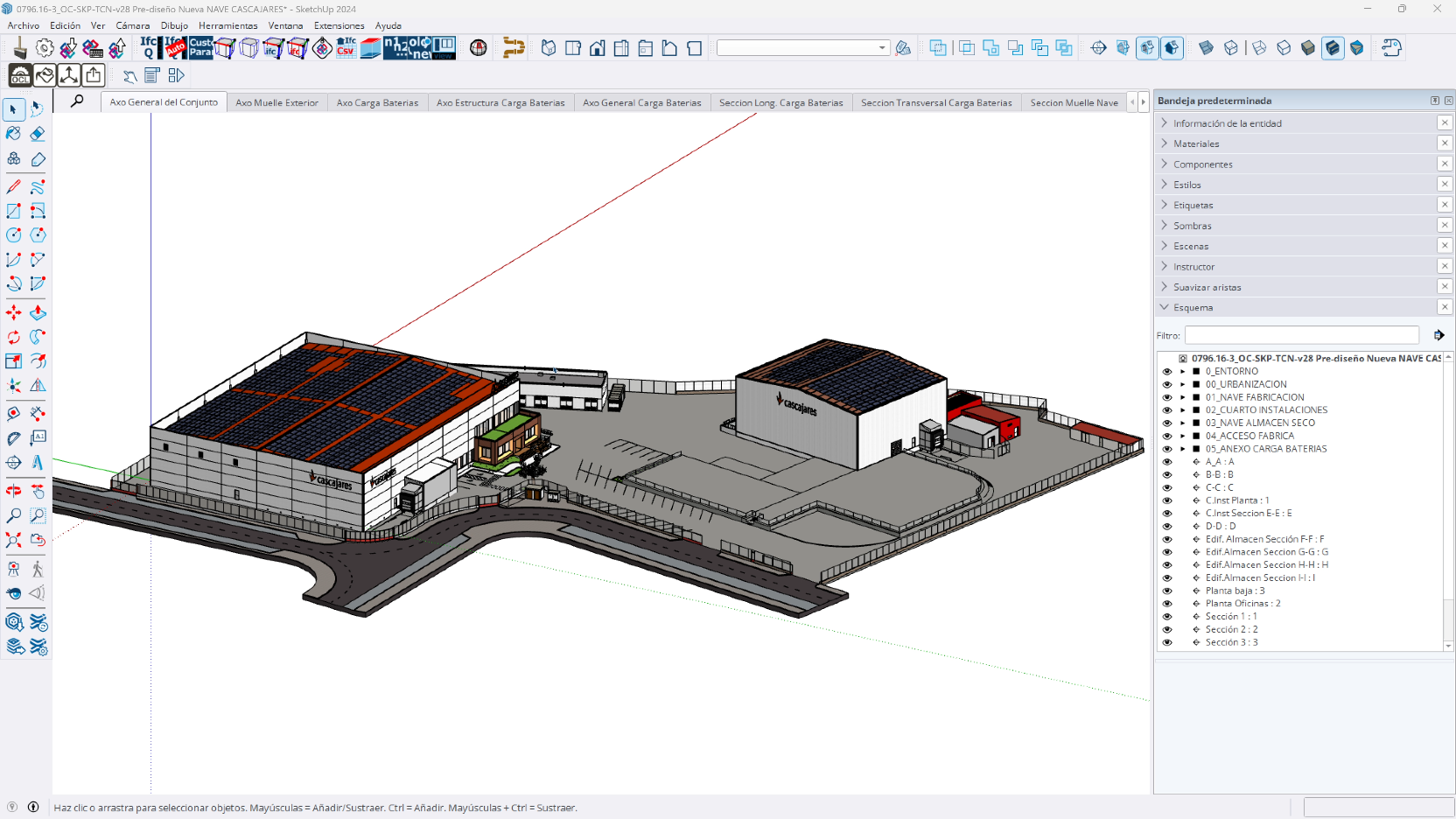 SketchUp model of the Cascajares production plant, showing one larger building adjacent to a smaller one.
