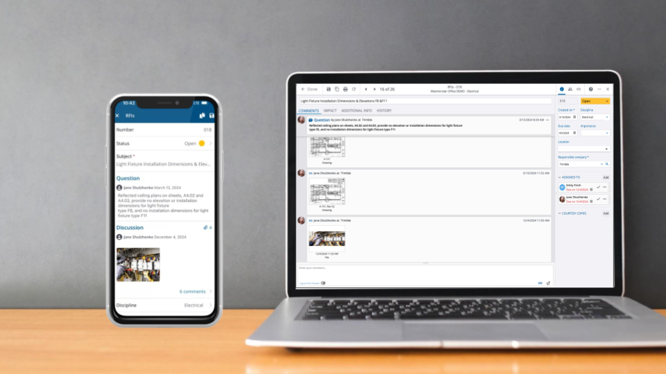 Screen capture of the RFI feature in ProjectSight showed in the desktop format and the mobile app format
