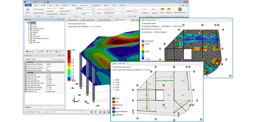 Three screenshots taken from Tekla Structural Designer showing slab deflection views