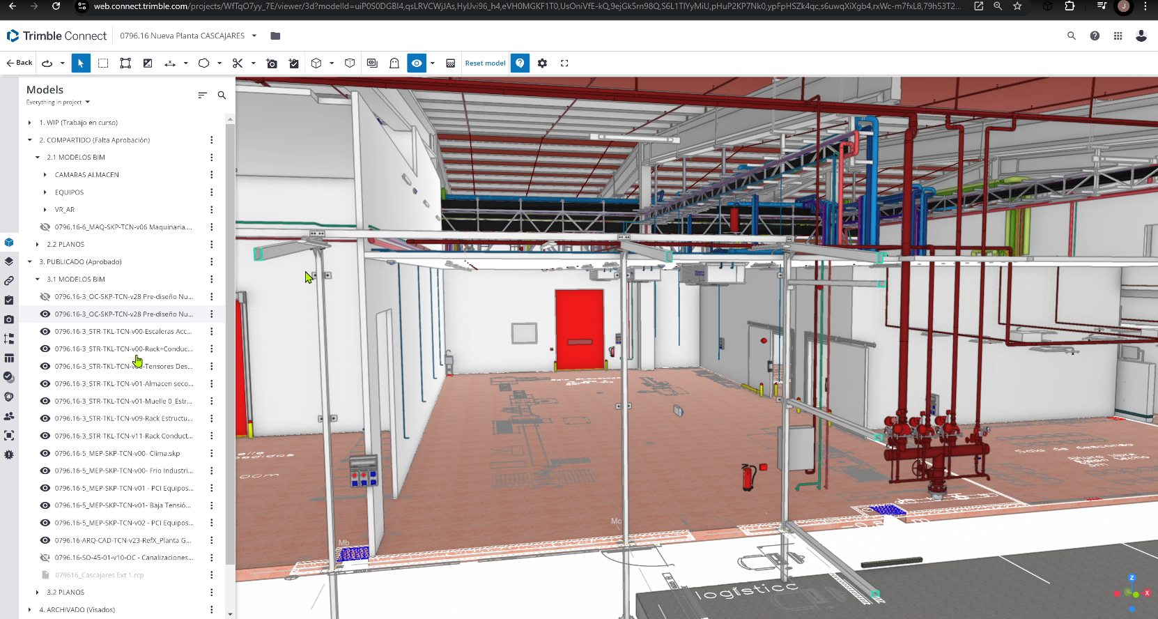 Model of an interior space of the factory showing an open space with exposed installation racks above.