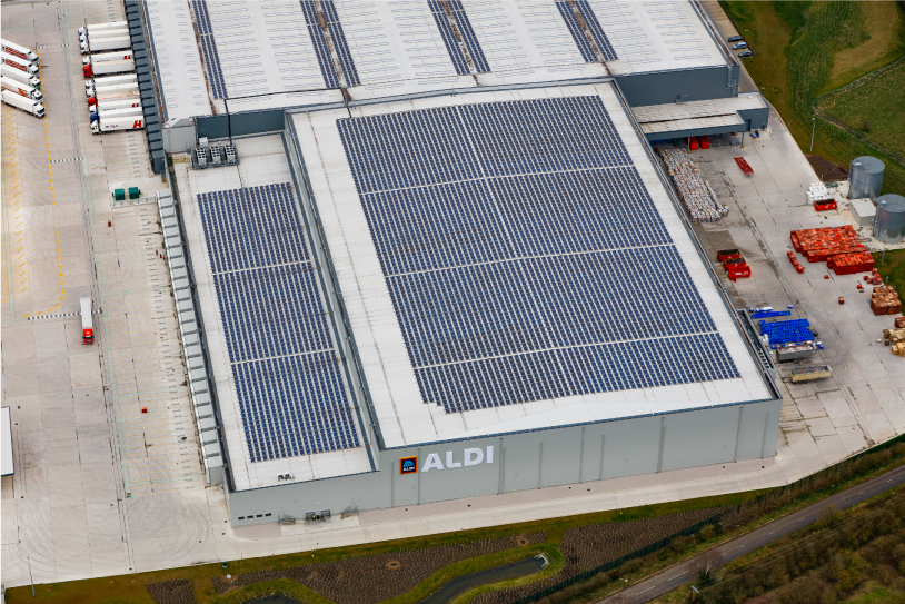 EvoEnergy provides solar panel design installations in the UK for the supermarket Aldi.