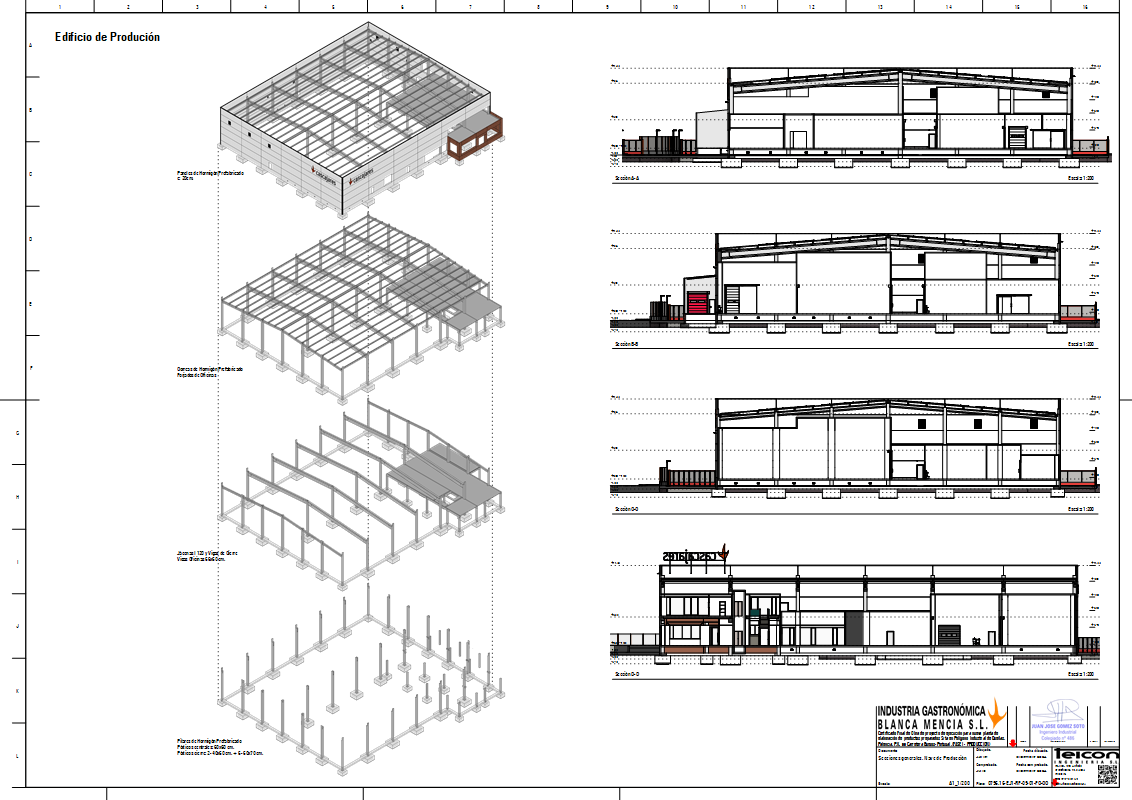 2D drawings of the phases, structures and sections of the production plant model in LayOut.