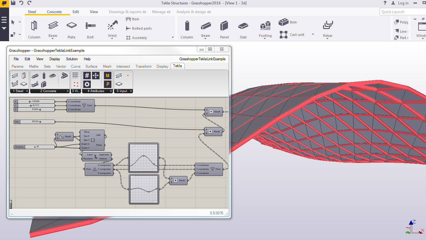 Tekla Structures user interface showing the Grasshopper link